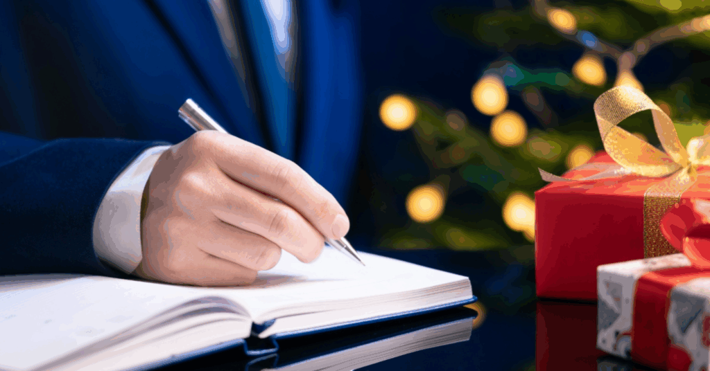 Man's arm writing in notebook next to Christmas presents