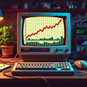 a 90's computer sitting on a desk, showing a financial line chart