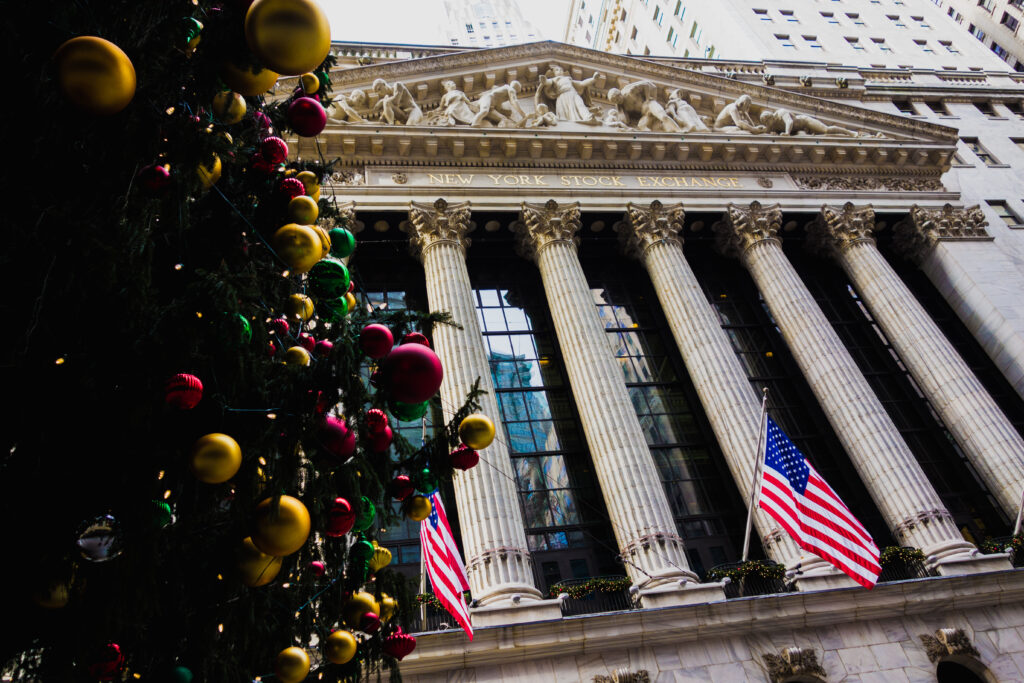 New York Stock Exchange with Christmas Tree in front