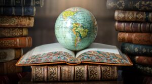 Old Globe Lying On An Open Book In A Library.