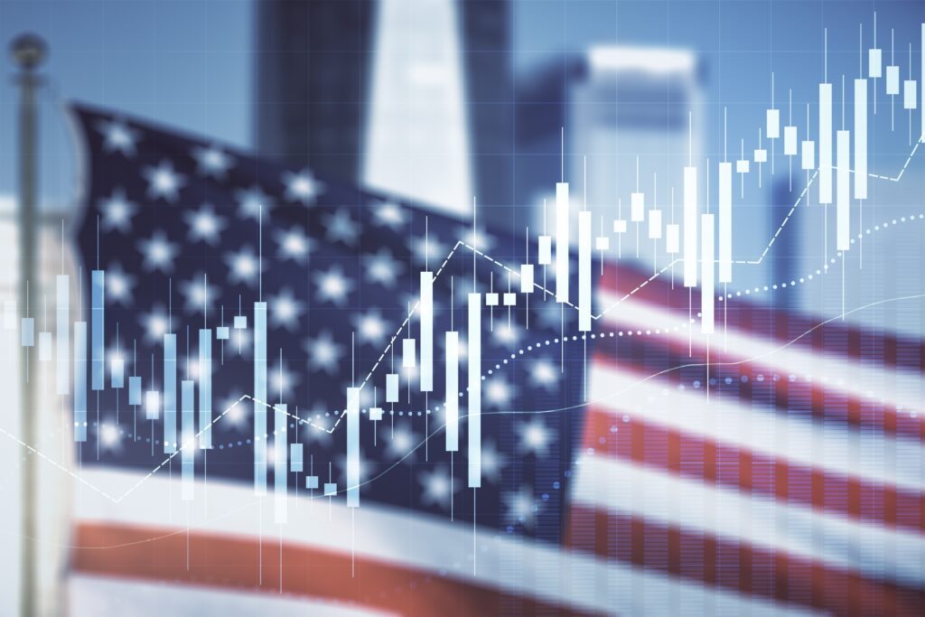 American flag with stocks going up