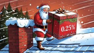 Santa on a roof next to a chimney holding a gift box with 0.25% on it